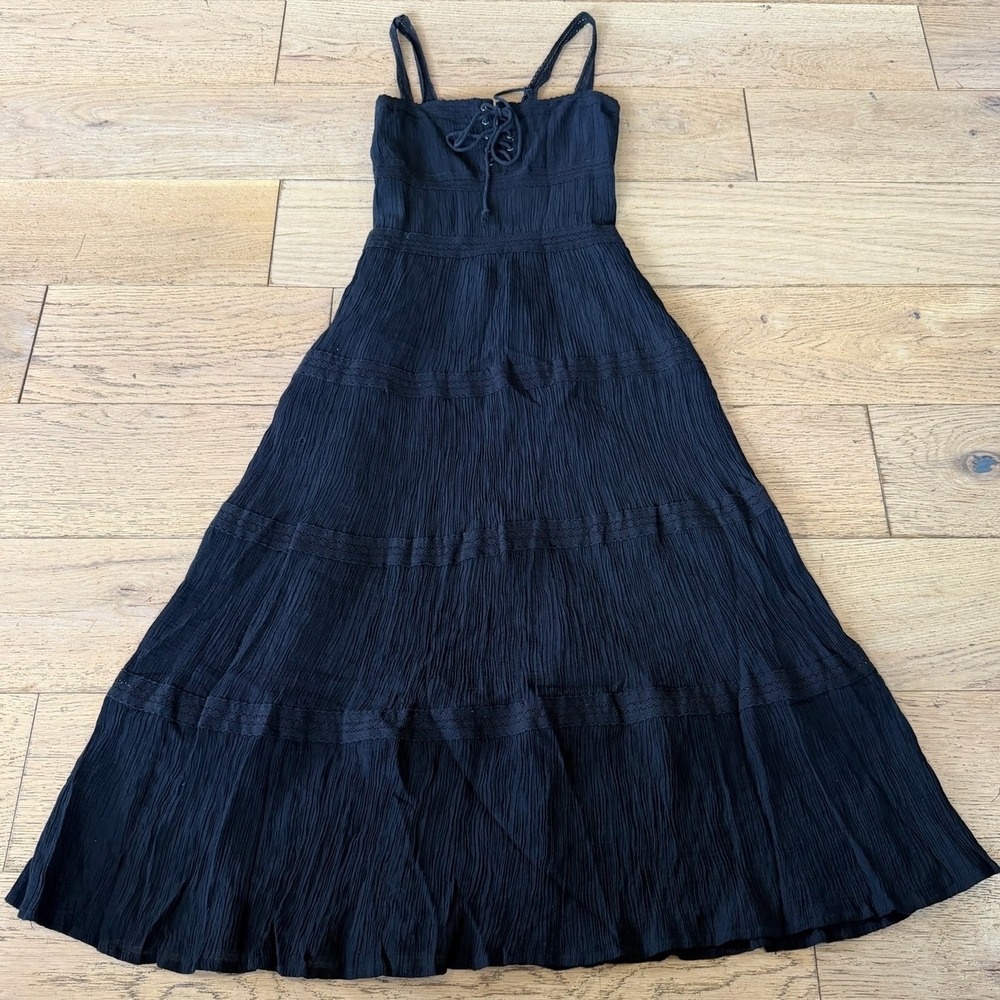 Sage The Label Black Crinkle Lace Trim Mini Dress Lace Up Front‎ Small (1553)